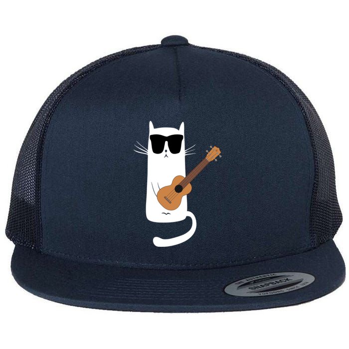 Funny Cat Wearing Sunglasses Playing Ukulele Flat Bill Trucker Hat