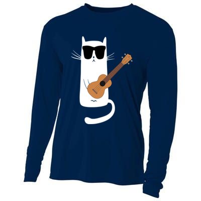 Funny Cat Wearing Sunglasses Playing Ukulele Cooling Performance Long Sleeve Crew