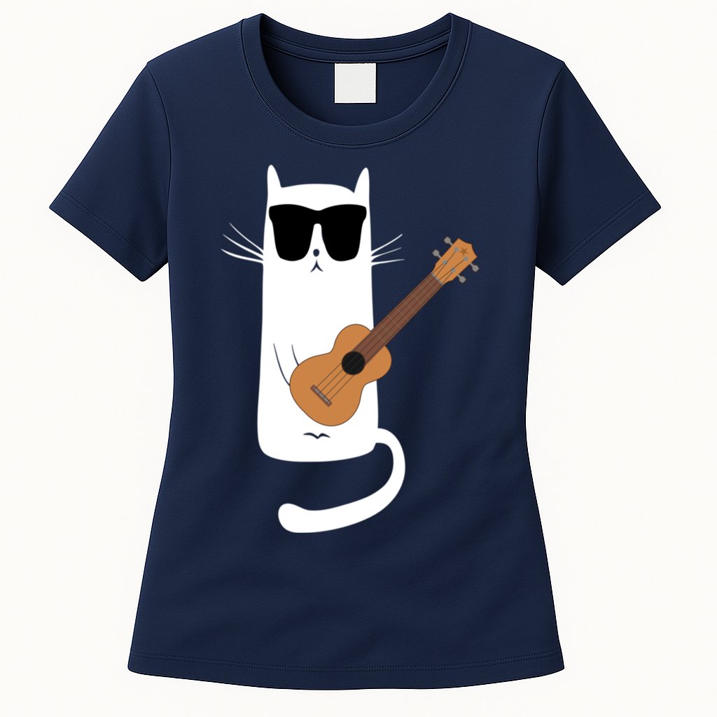 Funny Cat Wearing Sunglasses Playing Ukulele Womens T-Shirt