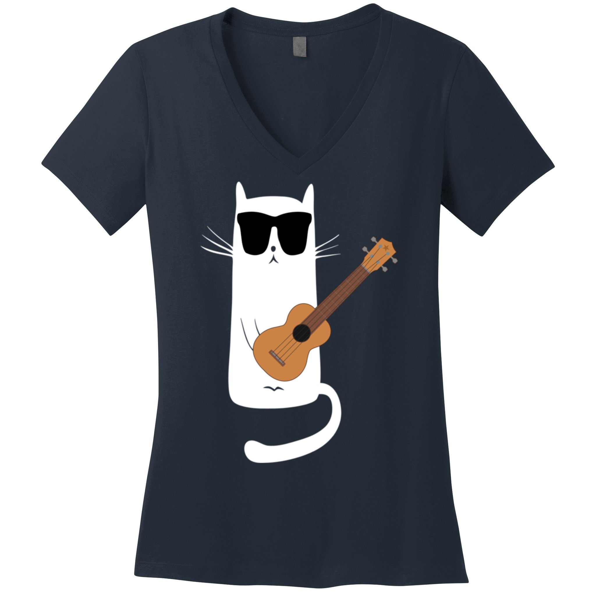 Funny Cat Wearing Sunglasses Playing Ukulele Women's V-Neck T-Shirt