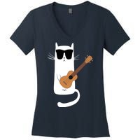 Funny Cat Wearing Sunglasses Playing Ukulele Women's V-Neck T-Shirt