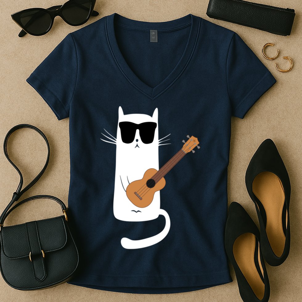 Funny Cat Wearing Sunglasses Playing Ukulele Women's V-Neck T-Shirt