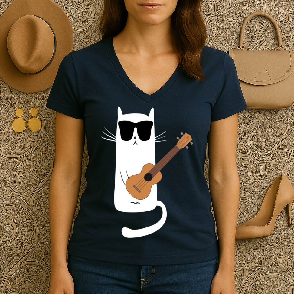 Funny Cat Wearing Sunglasses Playing Ukulele Women's V-Neck T-Shirt