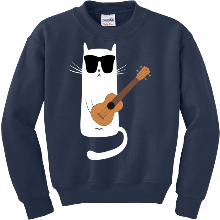 Funny Cat Wearing Sunglasses Playing Ukulele Kids Sweatshirt