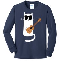 Funny Cat Wearing Sunglasses Playing Ukulele Kids Long Sleeve Shirt