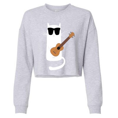 Funny Cat Wearing Sunglasses Playing Ukulele Cropped Pullover Crew