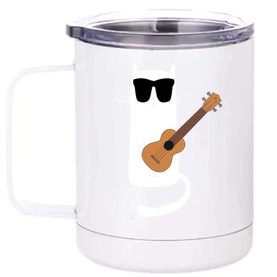 Funny Cat Wearing Sunglasses Playing Ukulele 12 oz Stainless Steel Tumbler Cup