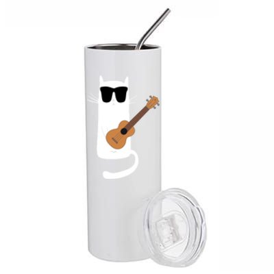 Funny Cat Wearing Sunglasses Playing Ukulele Stainless Steel Tumbler