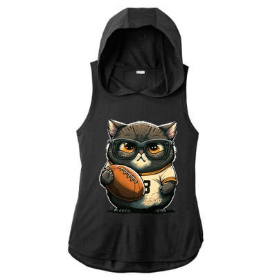 Funny cat with football for American football fans Premium Ladies PosiCharge Tri-Blend Wicking Draft Hoodie Tank