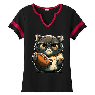 Funny cat with football for American football fans Premium Ladies Halftime Notch Neck Tee