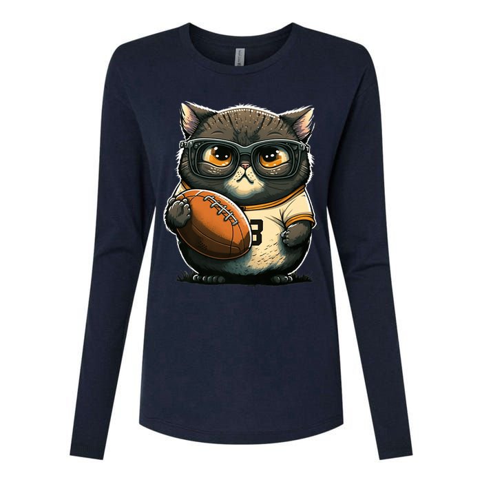 Funny cat with football for American football fans Premium Womens Cotton Relaxed Long Sleeve T-Shirt