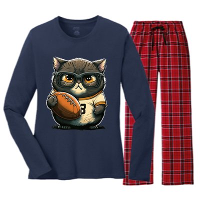 Funny cat with football for American football fans Premium Women's Long Sleeve Flannel Pajama Set 