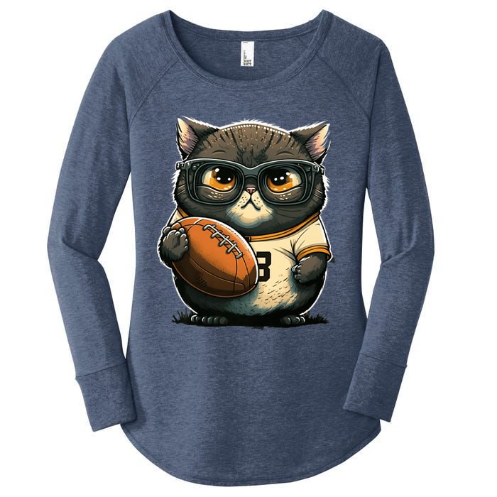 Funny cat with football for American football fans Premium Women's Perfect Tri Tunic Long Sleeve Shirt