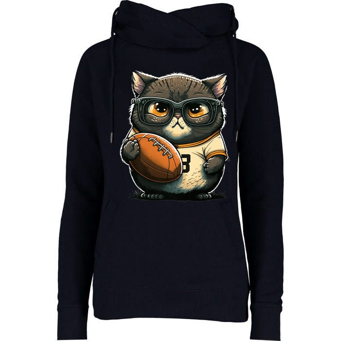 Funny cat with football for American football fans Premium Womens Funnel Neck Pullover Hood