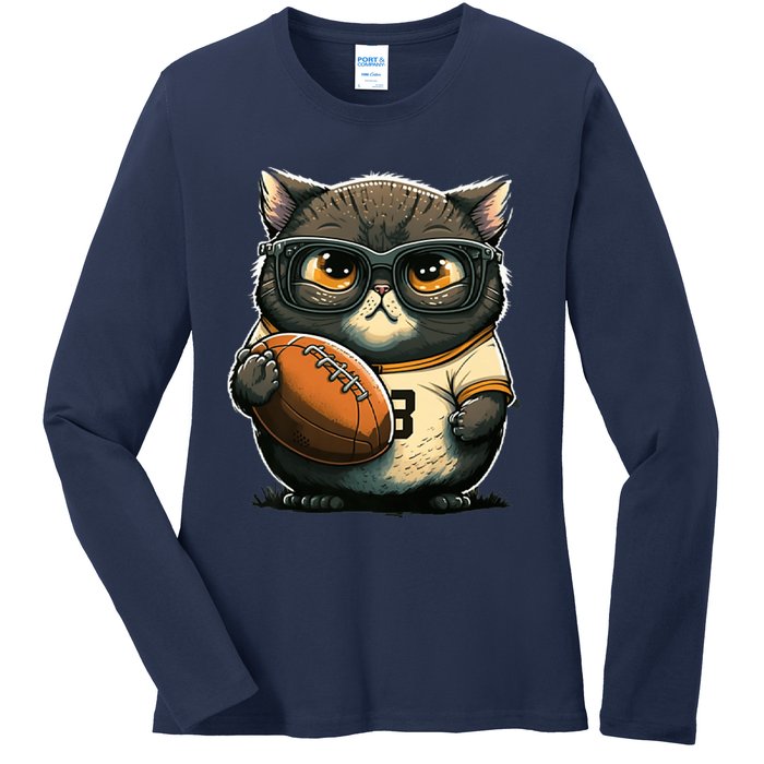 Funny cat with football for American football fans Premium Ladies Long Sleeve Shirt