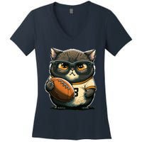 Funny cat with football for American football fans Premium Women's V-Neck T-Shirt