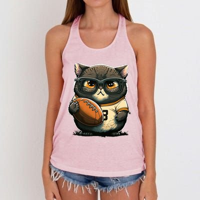 Funny cat with football for American football fans Premium Women's Knotted Racerback Tank