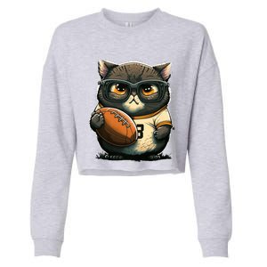 Funny cat with football for American football fans Premium Cropped Pullover Crew