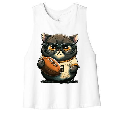 Funny cat with football for American football fans Premium Women's Racerback Cropped Tank