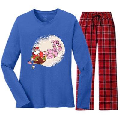 Funny Christmas When Pig Fly Oinkers Pulling Sleigh Meaningful Gift Women's Long Sleeve Flannel Pajama Set 