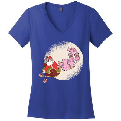 Funny Christmas When Pig Fly Oinkers Pulling Sleigh Meaningful Gift Women's V-Neck T-Shirt