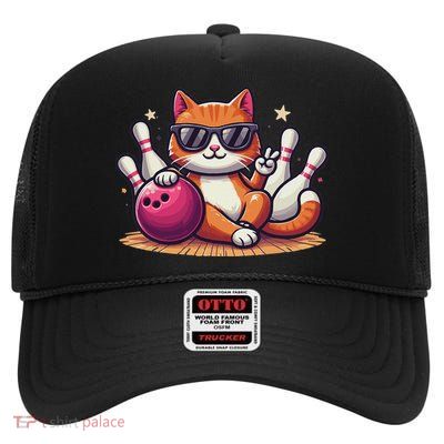 Funny Cat With Sunglasses Cat Playing Bowling High Crown Mesh Back Trucker Hat