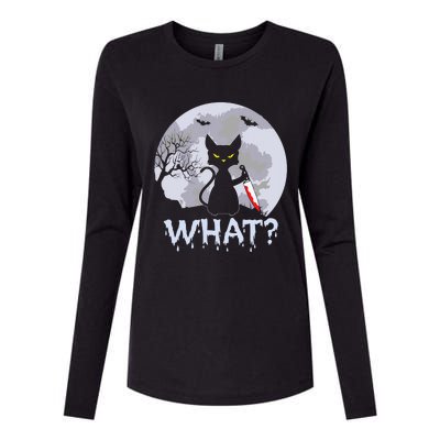 Funny CAT WHAT? Murderous Black Cat With Knife Halloween Costume Womens Cotton Relaxed Long Sleeve T-Shirt