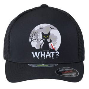 Funny CAT WHAT? Murderous Black Cat With Knife Halloween Costume Flexfit Unipanel Trucker Cap