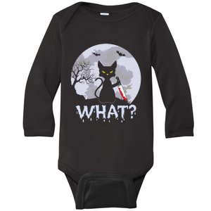 Funny CAT WHAT? Murderous Black Cat With Knife Halloween Costume Baby Long Sleeve Bodysuit