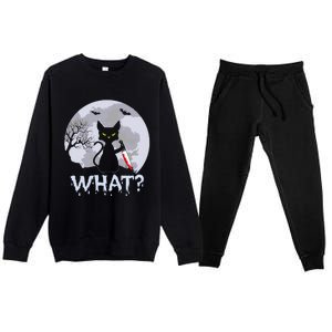 Funny CAT WHAT? Murderous Black Cat With Knife Halloween Costume Premium Crewneck Sweatsuit Set