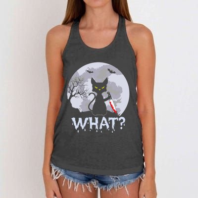 Funny CAT WHAT? Murderous Black Cat With Knife Halloween Costume Women's Knotted Racerback Tank