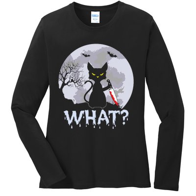 Funny CAT WHAT? Murderous Black Cat With Knife Halloween Costume Ladies Long Sleeve Shirt