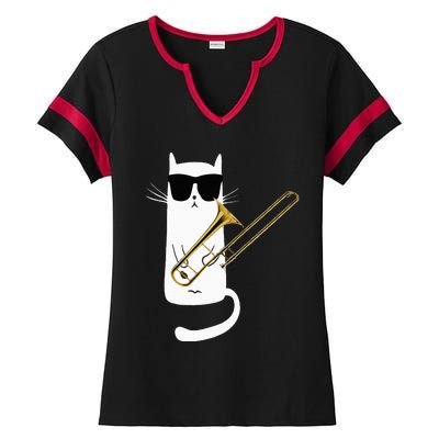 Funny Cat Wearing Sunglasses Playing Trombone Ladies Halftime Notch Neck Tee