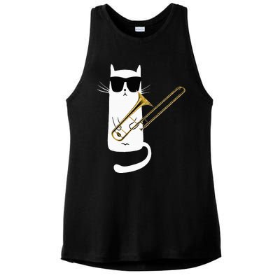 Funny Cat Wearing Sunglasses Playing Trombone Ladies PosiCharge Tri-Blend Wicking Tank