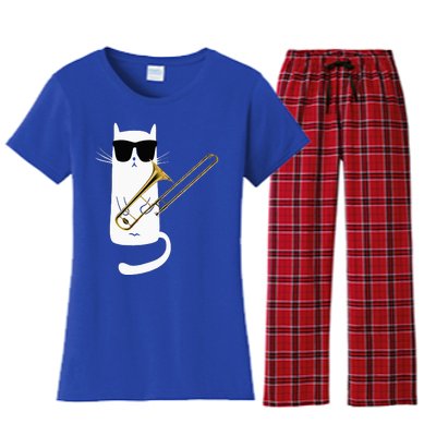 Funny Cat Wearing Sunglasses Playing Trombone Women's Flannel Pajama Set