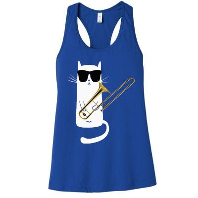 Funny Cat Wearing Sunglasses Playing Trombone Women's Racerback Tank