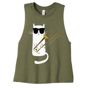 Funny Cat Wearing Sunglasses Playing Trombone Women's Racerback Cropped Tank