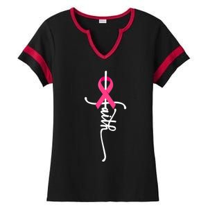 Faith Cross Warrior Survivor Pink Ribbon Breast Cancer Cute Gift Ladies Halftime Notch Neck Tee