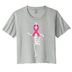 Faith Cross Warrior Survivor Pink Ribbon Breast Cancer Cute Gift Women's Crop Top Tee