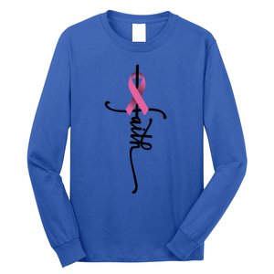 Faith Cross Warrior Survivor Ribbon Breast Cancer Gift Long Sleeve Shirt