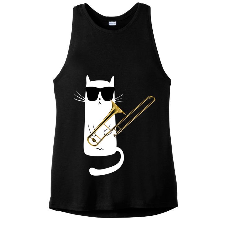 Funny Cat Wearing Sunglasses Playing Trombone Ladies PosiCharge Tri-Blend Wicking Tank