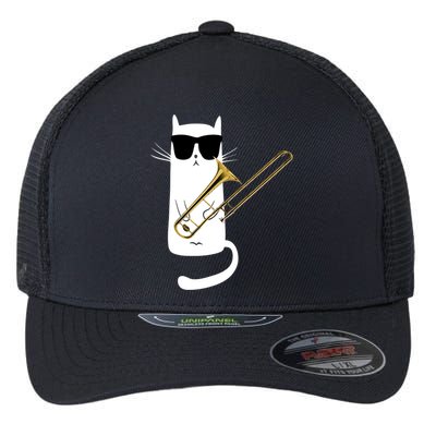 Funny Cat Wearing Sunglasses Playing Trombone Flexfit Unipanel Trucker Cap