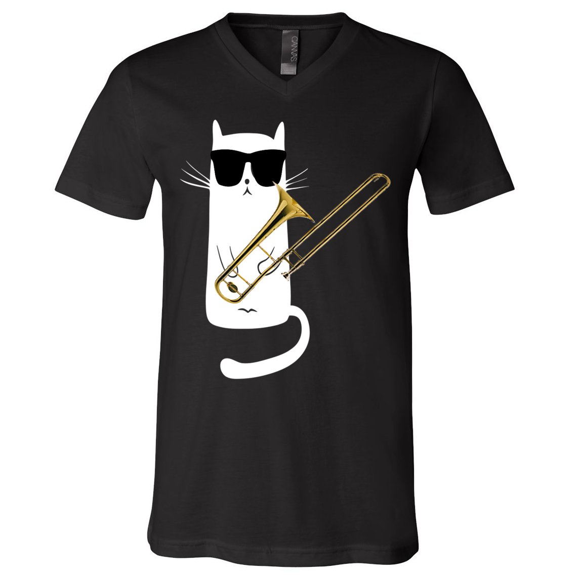 Funny Cat Wearing Sunglasses Playing Trombone V-Neck T-Shirt