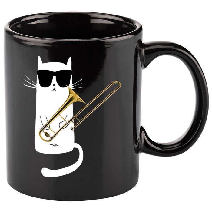 Funny Cat Wearing Sunglasses Playing Trombone 11oz C Handle Ceramic Mug