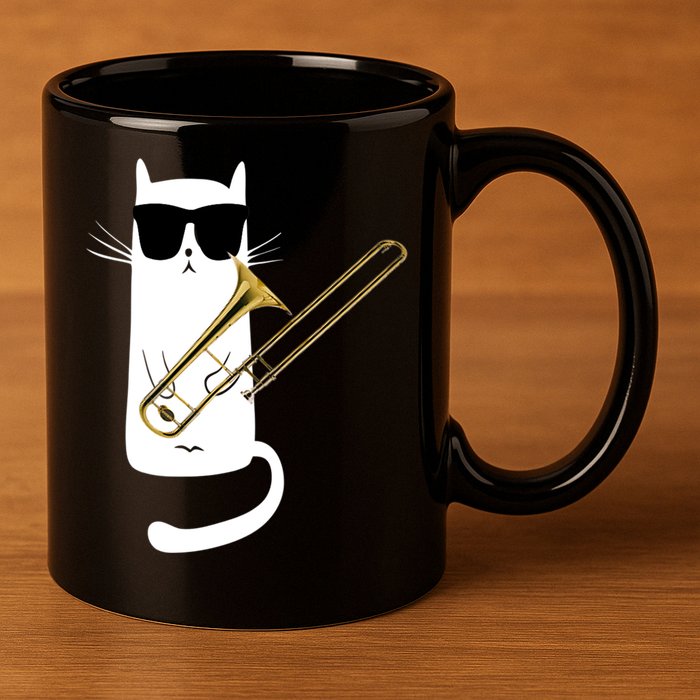 Funny Cat Wearing Sunglasses Playing Trombone 11oz C Handle Ceramic Mug
