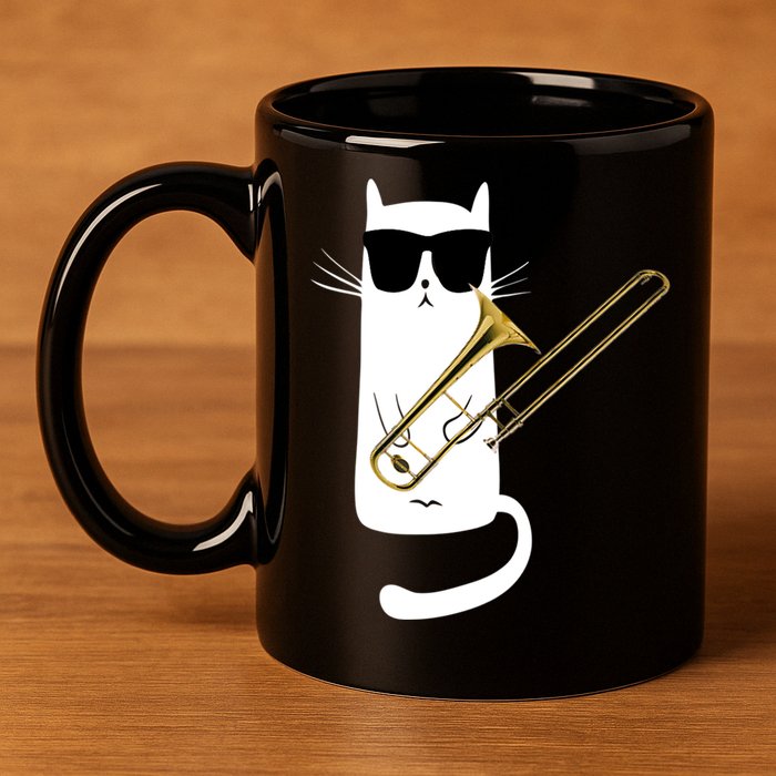 Funny Cat Wearing Sunglasses Playing Trombone 11oz C Handle Ceramic Mug