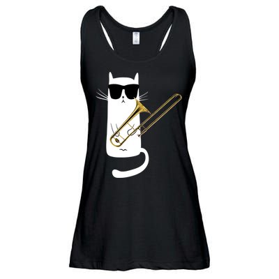 Funny Cat Wearing Sunglasses Playing Trombone Ladies Essential Flowy Tank