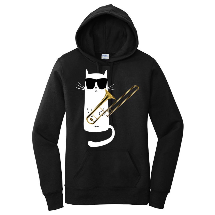 Funny Cat Wearing Sunglasses Playing Trombone Women's Pullover Hoodie