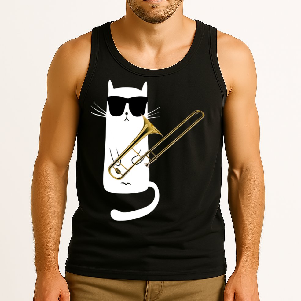 Funny Cat Wearing Sunglasses Playing Trombone Tank Top