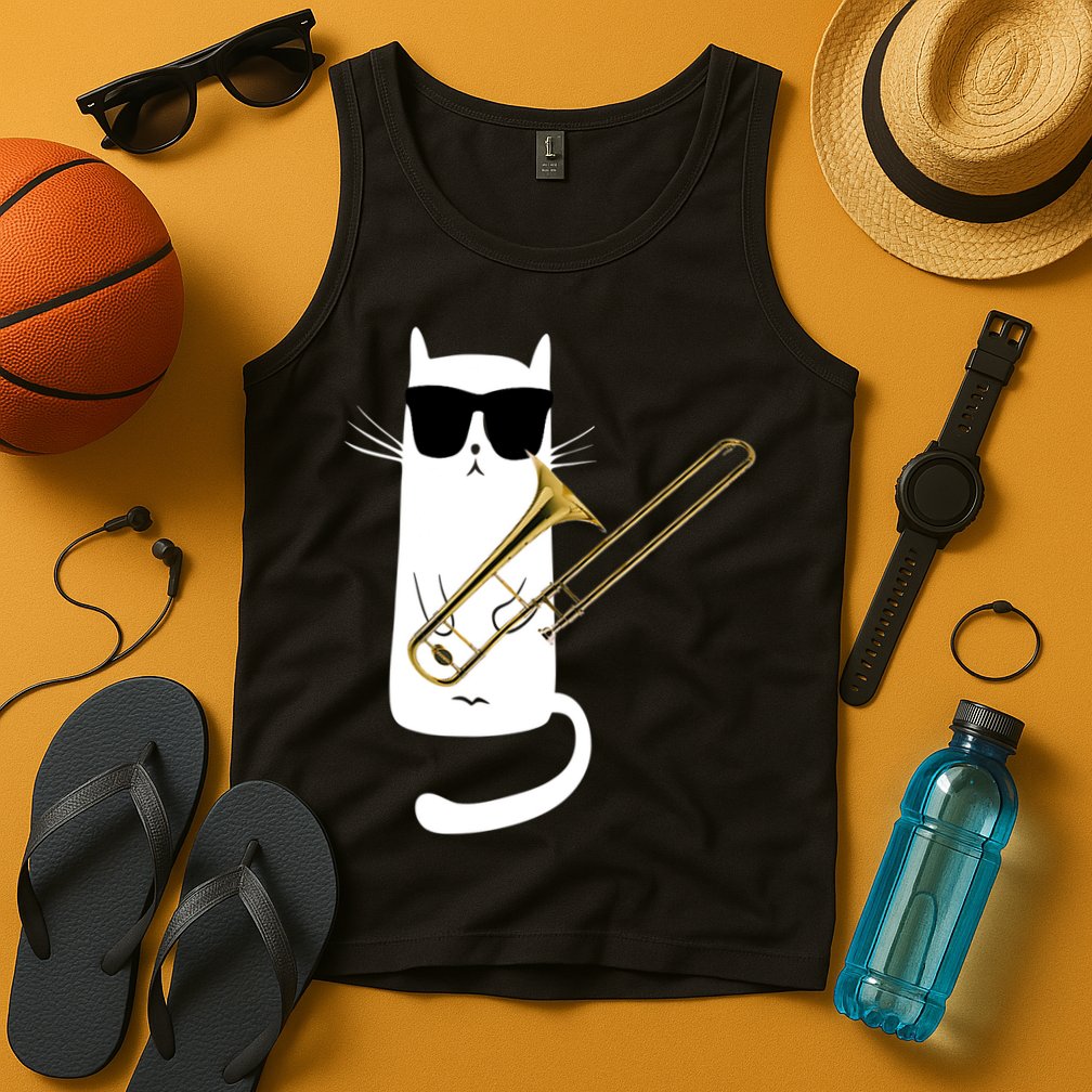 Funny Cat Wearing Sunglasses Playing Trombone Tank Top